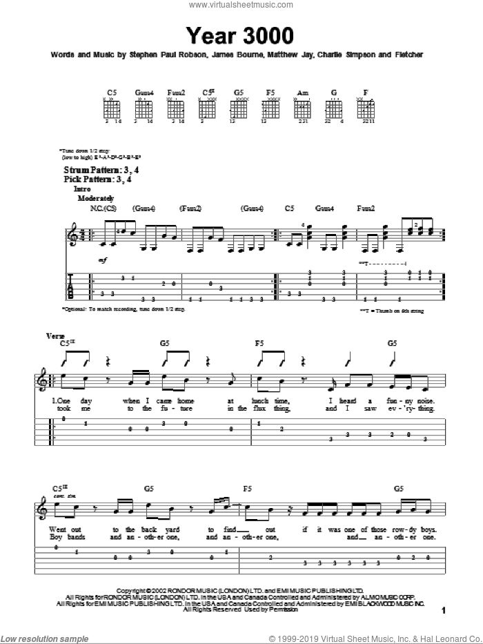 Year 3000 sheet music for guitar solo (easy tablature) by Jonas Brothers, Busted, Charlie Simpson, Fletcher, James Bourne, Matthew Jay and Steve Robson, easy guitar (easy tablature)
