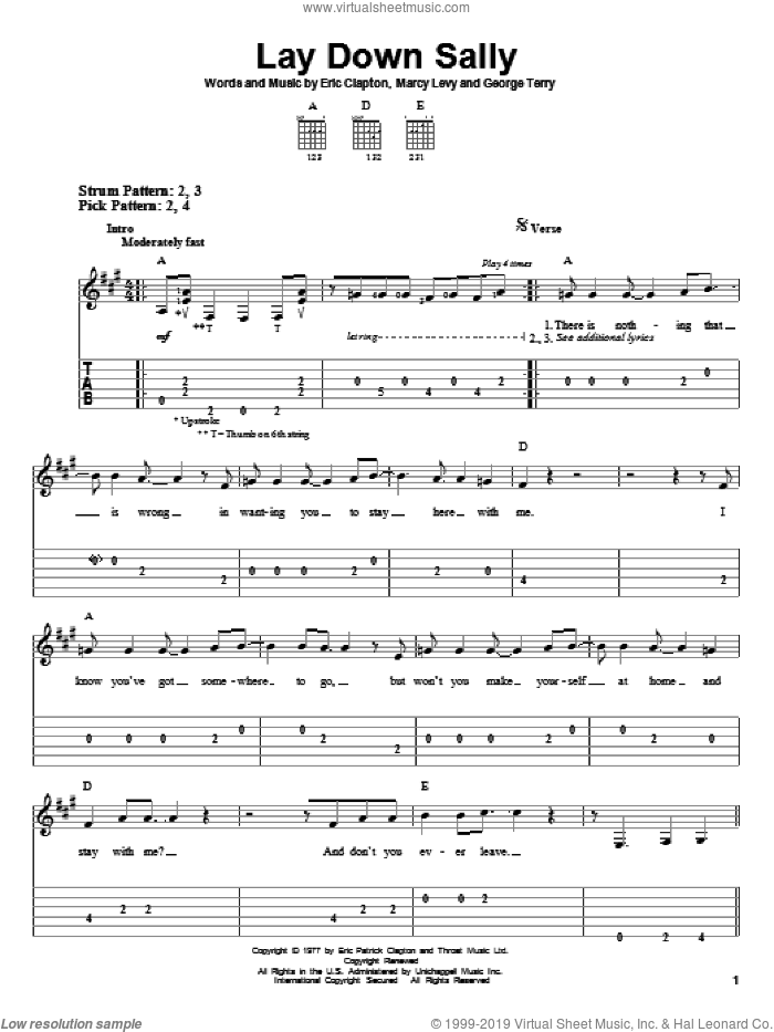 Lay Down Sally sheet music for guitar solo (easy tablature) by Eric Clapton, George Terry and Marcy Levy, easy guitar (easy tablature)
