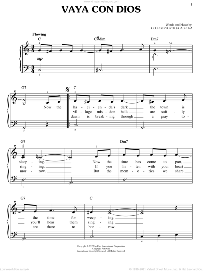 Vaya Con Dios sheet music for piano solo by George (Yoyito) Cabrera, easy skill level