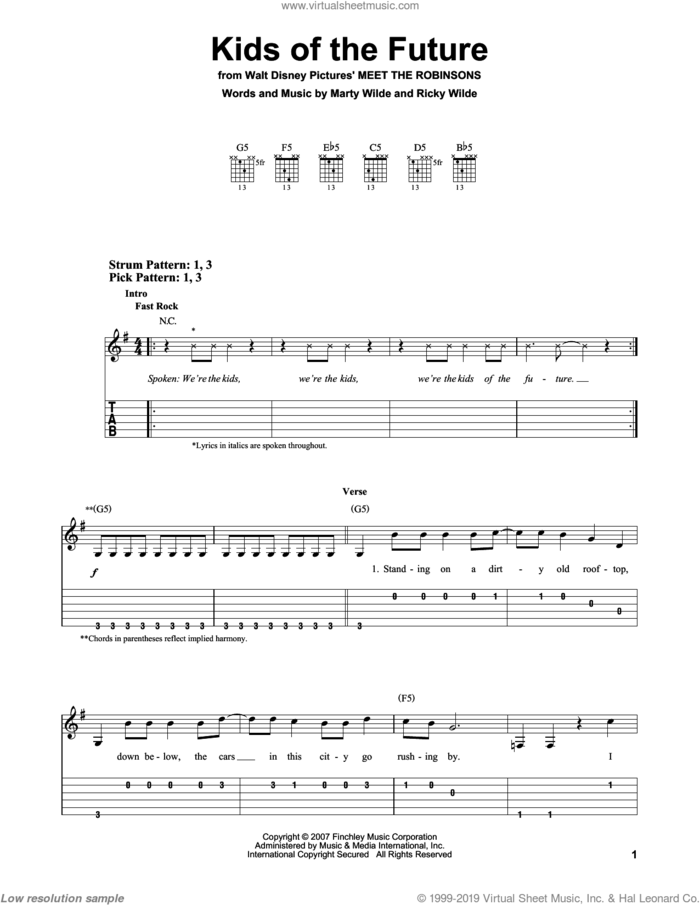 Kids Of The Future sheet music for guitar solo (easy tablature) by Jonas Brothers, Marty Wilde and Ricky Wilde, easy guitar (easy tablature)