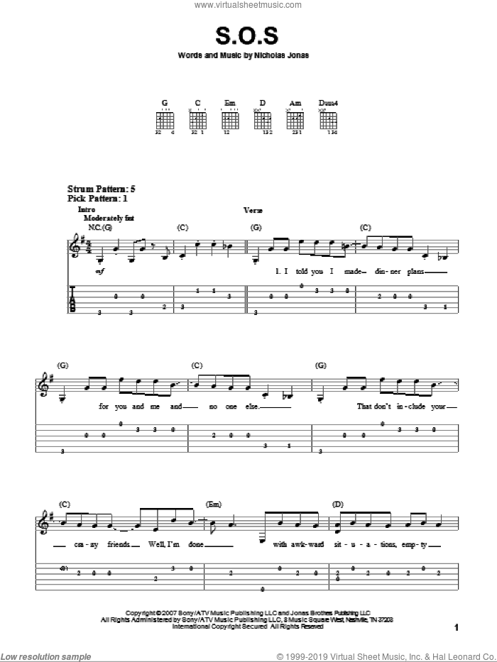 S.O.S. sheet music for guitar solo (easy tablature) by Jonas Brothers and Nicholas Jonas, easy guitar (easy tablature)