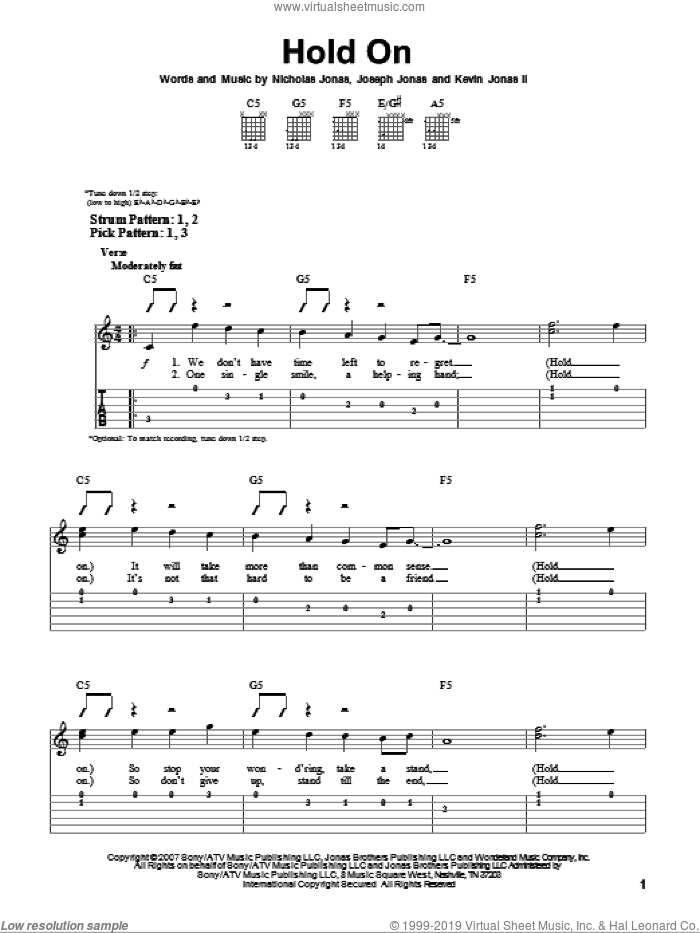 Hold On sheet music for guitar solo (easy tablature) by Jonas Brothers, Joseph Jonas, Kevin Jonas II and Nicholas Jonas, easy guitar (easy tablature)