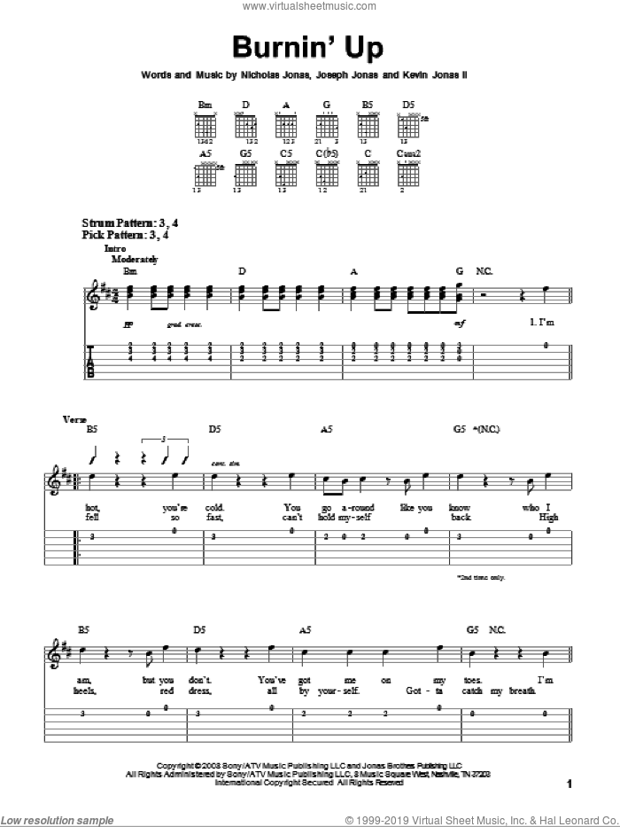 Burnin' Up sheet music for guitar solo (easy tablature) by Jonas Brothers, Joseph Jonas, Kevin Jonas II and Nicholas Jonas, easy guitar (easy tablature)