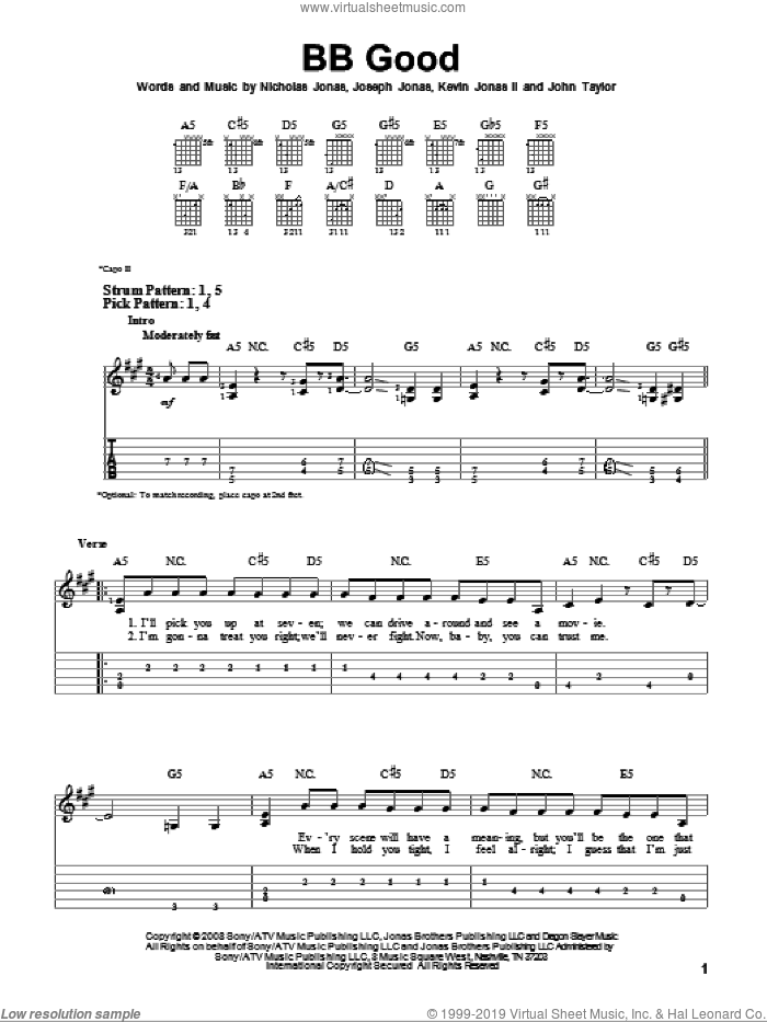BB Good sheet music for guitar solo (easy tablature) by Jonas Brothers, John Taylor, Joseph Jonas, Kevin Jonas II and Nicholas Jonas, easy guitar (easy tablature)