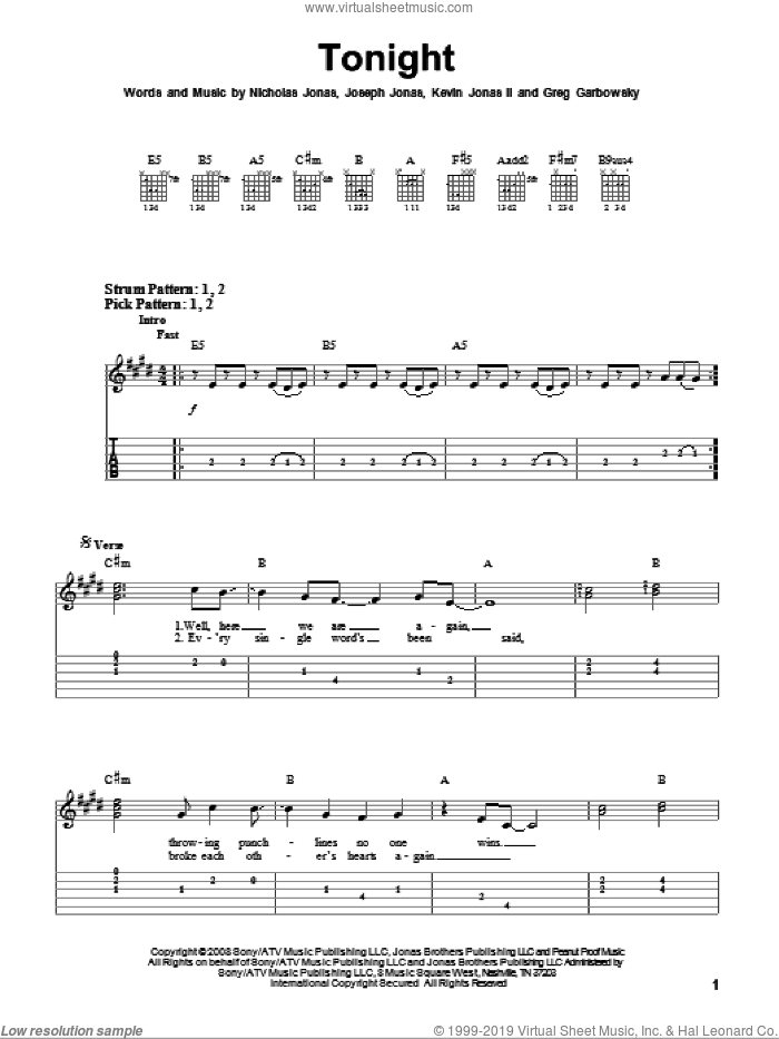 Tonight sheet music for guitar solo (easy tablature) by Jonas Brothers, Greg Garbowsky, Joseph Jonas, Kevin Jonas II and Nicholas Jonas, easy guitar (easy tablature)