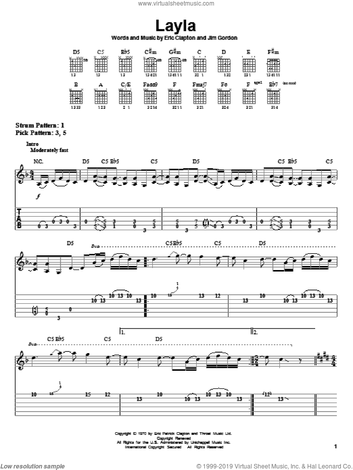 Layla sheet music for guitar solo (easy tablature) by Eric Clapton, Derek And The Dominos and Jim Gordon, easy guitar (easy tablature)