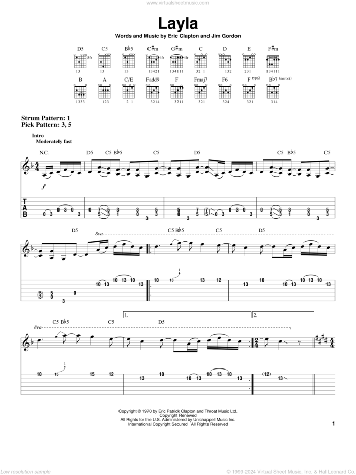 Layla sheet music for guitar solo (easy tablature) by Eric Clapton, Derek And The Dominos and Jim Gordon, easy guitar (easy tablature)