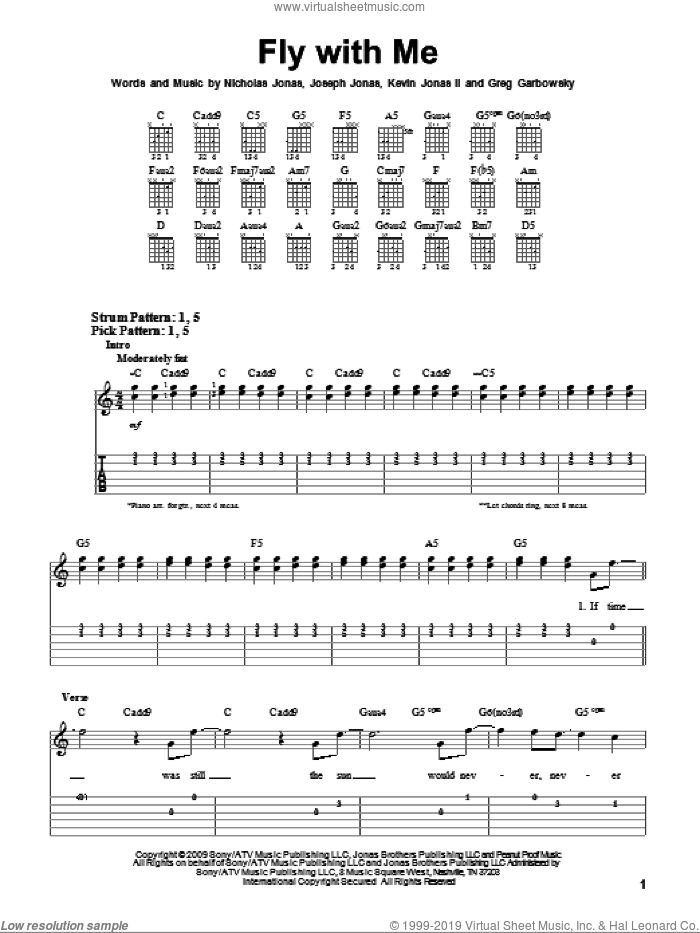 Fly With Me sheet music for guitar solo (easy tablature) by Jonas Brothers, Greg Garbowsky, Joseph Jonas, Kevin Jonas II and Nicholas Jonas, easy guitar (easy tablature)