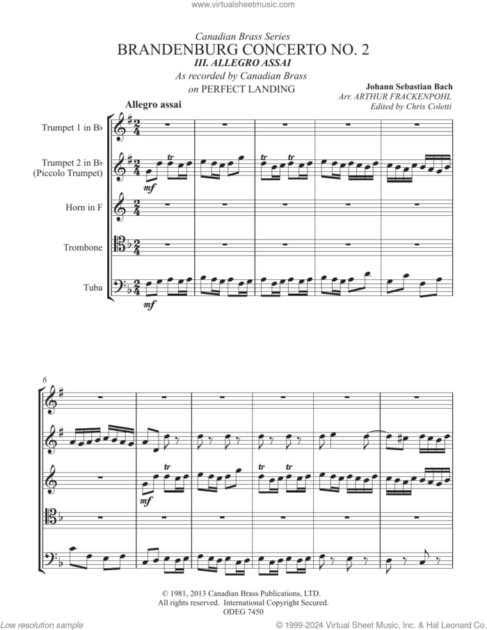 Brandenburg Concert No.2 (Allegro Assai) (COMPLETE) sheet music for brass ensemble by Canadian Brass, Arthur Frackenpohl, Chris Coletti and Johann Sebastian Bach, classical score, intermediate skill level