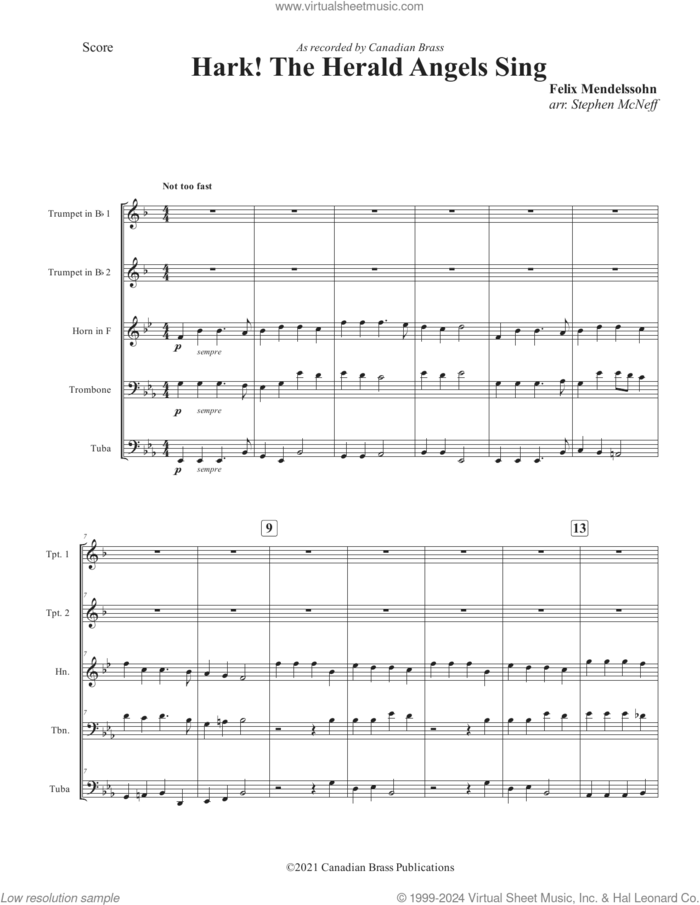 Hark! The Herald Angels Sing (COMPLETE) sheet music for brass quintet by Canadian Brass, Felix Mendelssohn-Bartholdy and Stephen McNeff, intermediate skill level