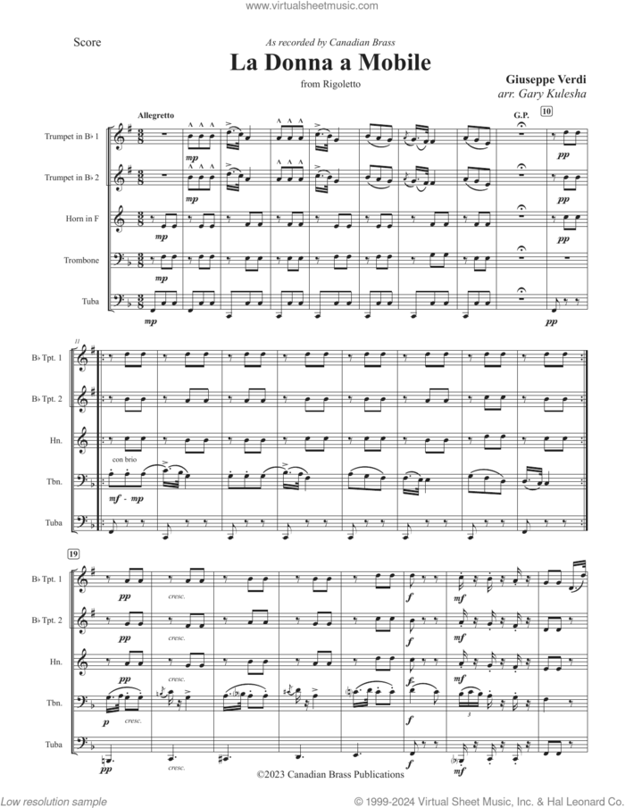 La Donna e Mobile (COMPLETE) sheet music for brass quintet by Canadian Brass, Gary Kulesha and Giuseppe Verdi, classical score, intermediate skill level