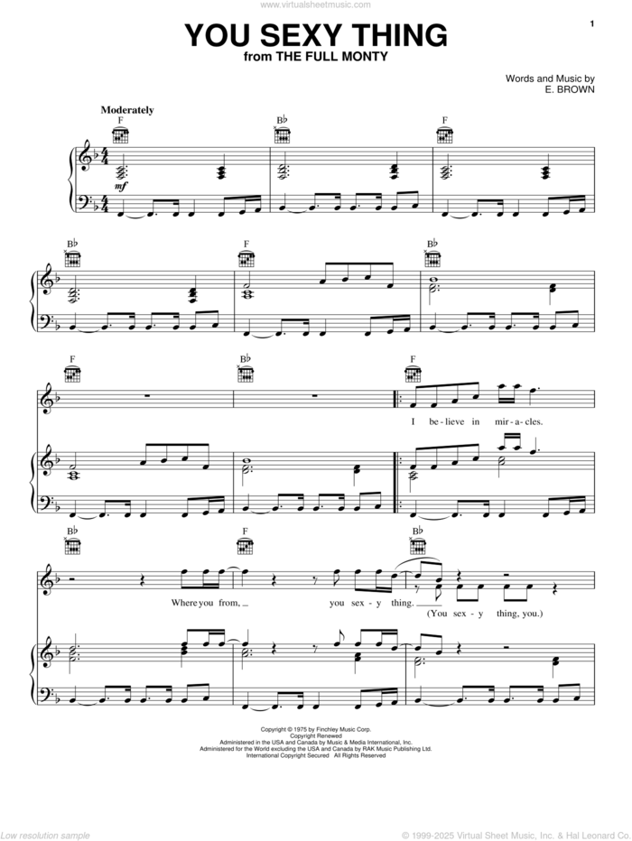 You Sexy Thing sheet music for voice, piano or guitar by Hot Chocolate and E. Brown, intermediate skill level