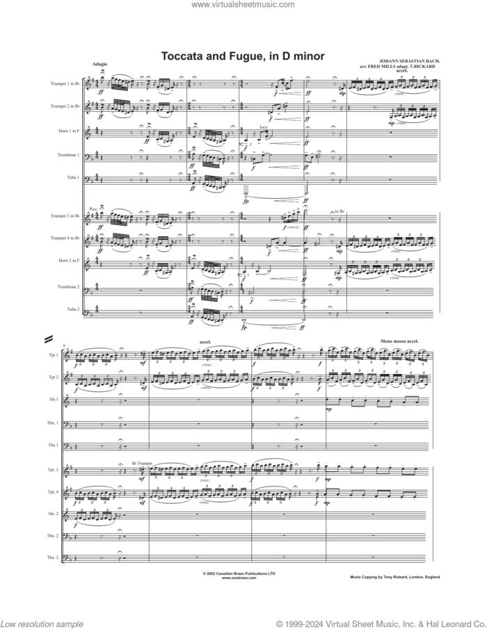 Toccata and Fugue in D Minor sheet music for brass quintet (full score) by Canadian Brass, Fred Mills, Tony Rickard and Johann Sebastian Bach, classical score, intermediate skill level