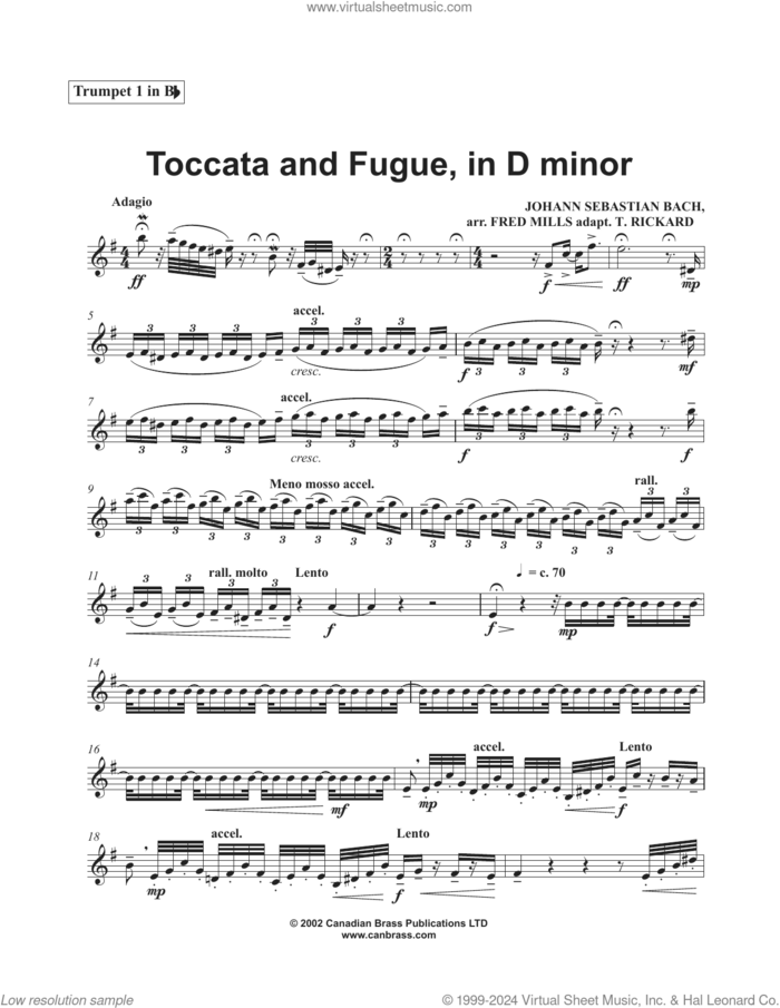 Toccata and Fugue in D Minor sheet music for brass quintet (Bb trumpet 1) by Canadian Brass, Fred Mills, Tony Rickard and Johann Sebastian Bach, classical score, intermediate skill level