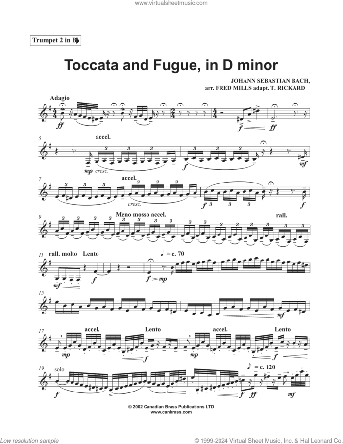 Toccata and Fugue in D Minor sheet music for brass quintet (Bb trumpet 2) by Canadian Brass, Fred Mills, Tony Rickard and Johann Sebastian Bach, classical score, intermediate skill level