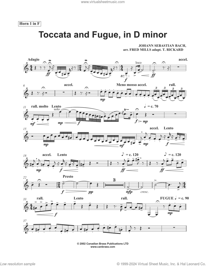 Toccata and Fugue in D Minor sheet music for brass quintet (f horn 1) by Canadian Brass, Fred Mills, Tony Rickard and Johann Sebastian Bach, classical score, intermediate skill level