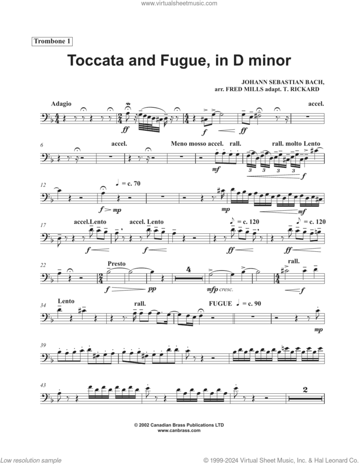 Toccata and Fugue in D Minor sheet music for brass quintet (trombone 1) by Canadian Brass, Fred Mills, Tony Rickard and Johann Sebastian Bach, classical score, intermediate skill level