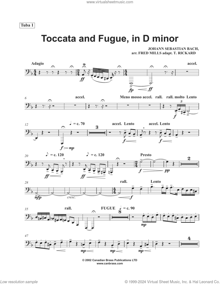 Toccata and Fugue in D Minor sheet music for brass quintet (tuba 1) by Canadian Brass, Fred Mills, Tony Rickard and Johann Sebastian Bach, classical score, intermediate skill level