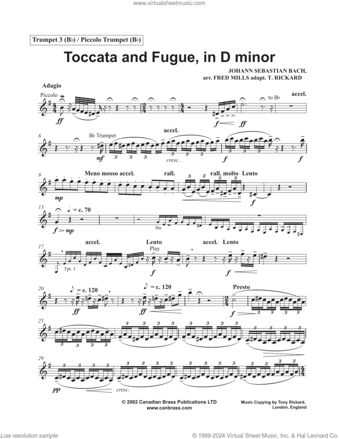 Toccata and Fugue in D Minor sheet music for brass quintet (trumpet 3 / piccolo tpt in Bb) by Canadian Brass, Fred Mills, Tony Rickard and Johann Sebastian Bach, classical score, intermediate skill level