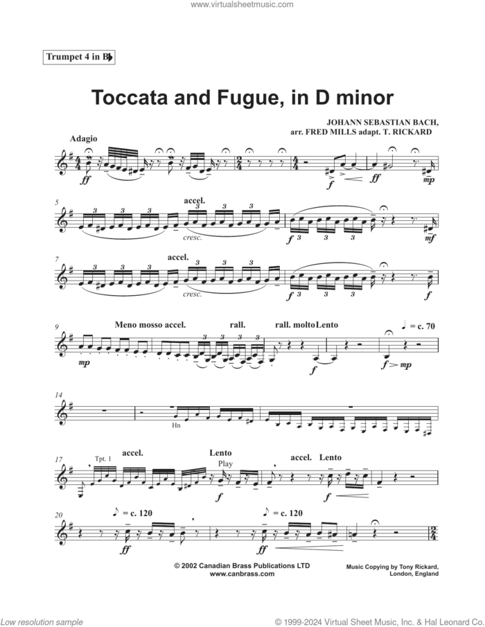 Toccata and Fugue in D Minor sheet music for brass quintet (Bb trumpet 4) by Canadian Brass, Fred Mills, Tony Rickard and Johann Sebastian Bach, classical score, intermediate skill level