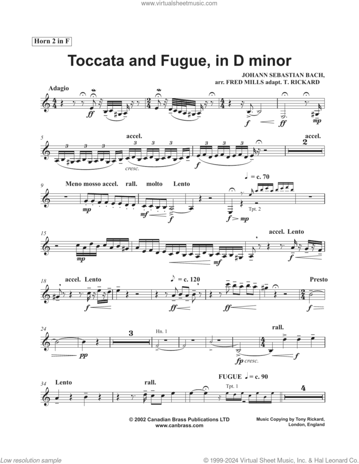 Toccata and Fugue in D Minor sheet music for brass quintet (f horn 2) by Canadian Brass, Fred Mills, Tony Rickard and Johann Sebastian Bach, classical score, intermediate skill level