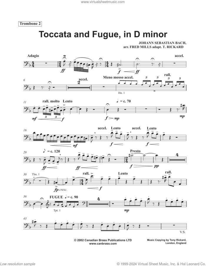 Toccata and Fugue in D Minor sheet music for brass quintet (trombone 2) by Canadian Brass, Fred Mills, Tony Rickard and Johann Sebastian Bach, classical score, intermediate skill level