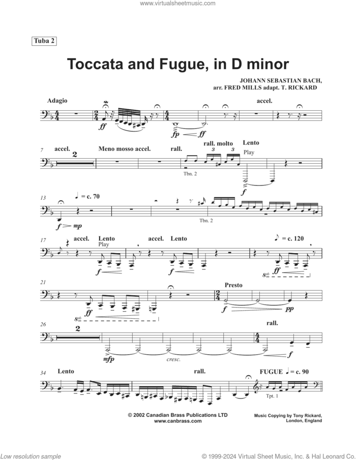 Toccata and Fugue in D Minor sheet music for brass quintet (tuba 2) by Canadian Brass, Fred Mills, Tony Rickard and Johann Sebastian Bach, classical score, intermediate skill level