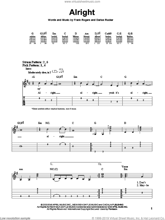 Alright sheet music for guitar solo (easy tablature) by Darius Rucker and Frank Rogers, easy guitar (easy tablature)