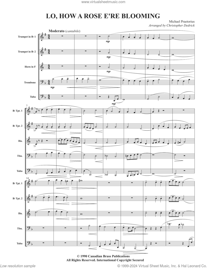 Lo, How A Rose E're Blooming (COMPLETE) sheet music for brass ensemble by Canadian Brass, Christopher Dedrick and Michael Praetorius, intermediate skill level