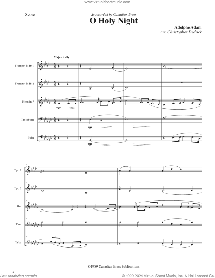 O Holy Night (COMPLETE) sheet music for brass ensemble by Canadian Brass, Adolphe Adam and Christopher Dedrick, intermediate skill level