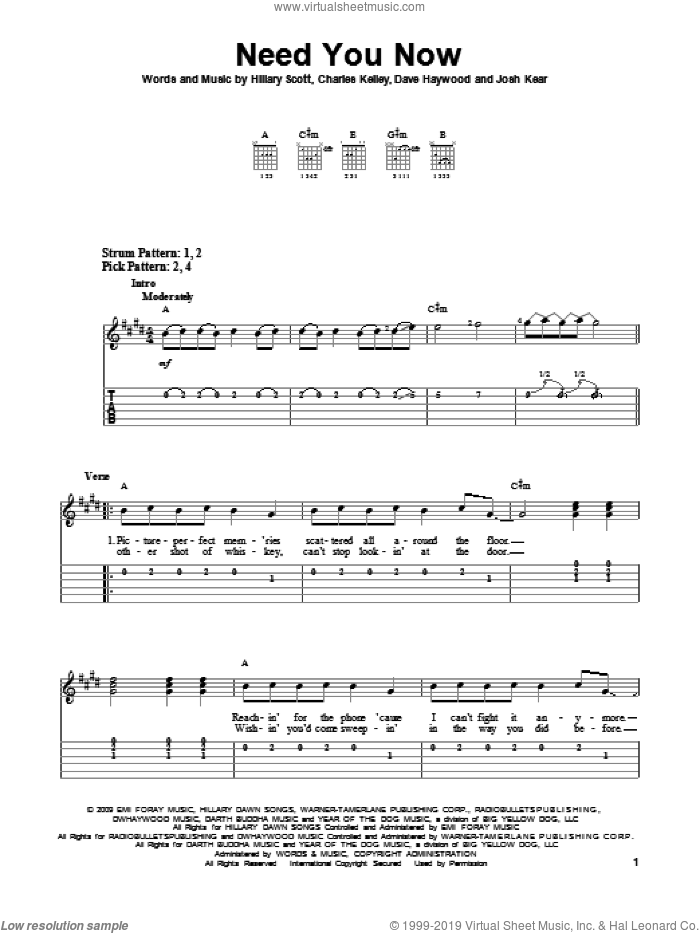 Need You Now sheet music for guitar solo (easy tablature) by Lady Antebellum, Lady A, Charles Kelley, Dave Haywood, Hillary Scott and Josh Kear, easy guitar (easy tablature)