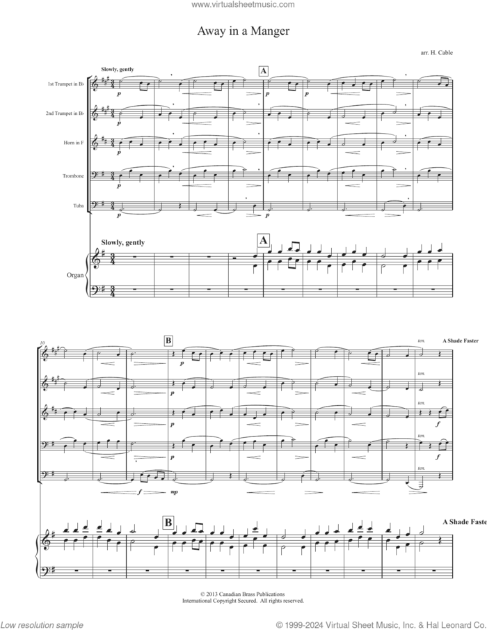 Away in a Manger (with Organ) (COMPLETE) sheet music for brass ensemble by Canadian Brass, Howard Cable and Miscellaneous, intermediate skill level