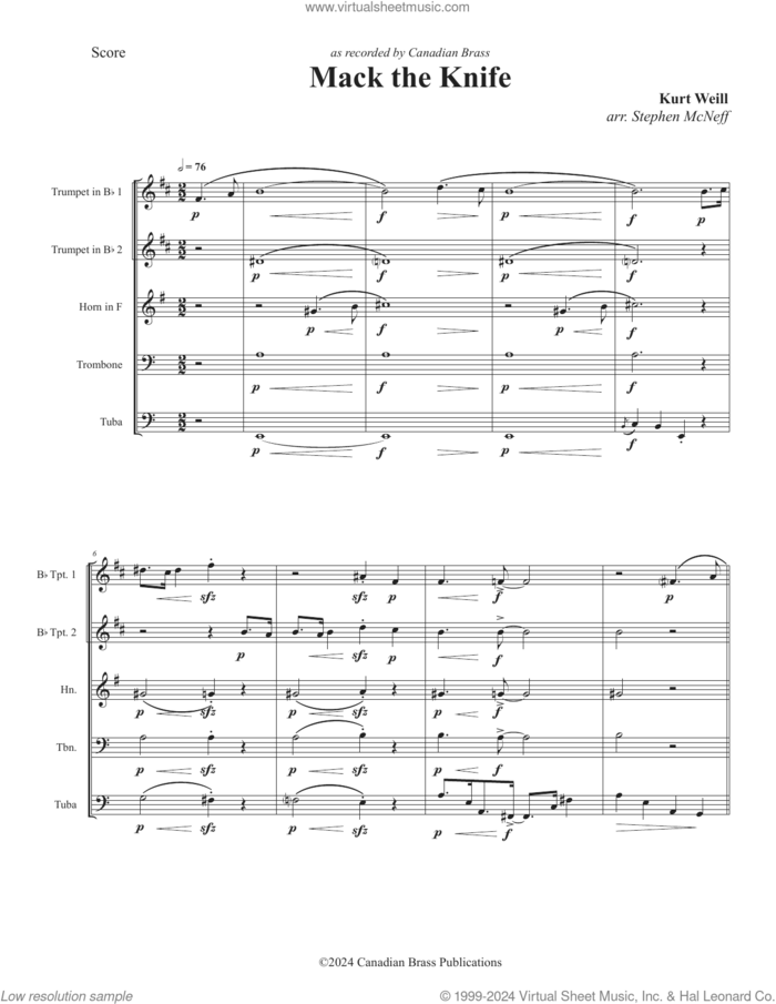 Mack The Knife (COMPLETE) sheet music for brass quintet by Canadian Brass, Kurt Weill and Stephen McNeff, intermediate skill level