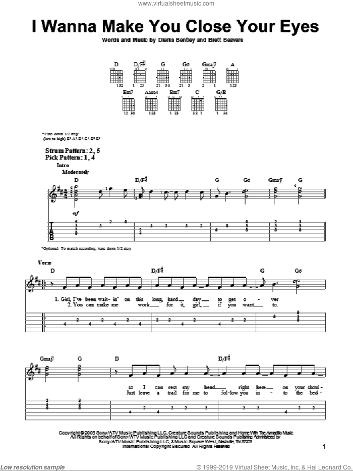 I Wanna Make You Close Your Eyes sheet music for guitar solo (easy tablature) by Dierks Bentley and Brett Beavers, easy guitar (easy tablature)