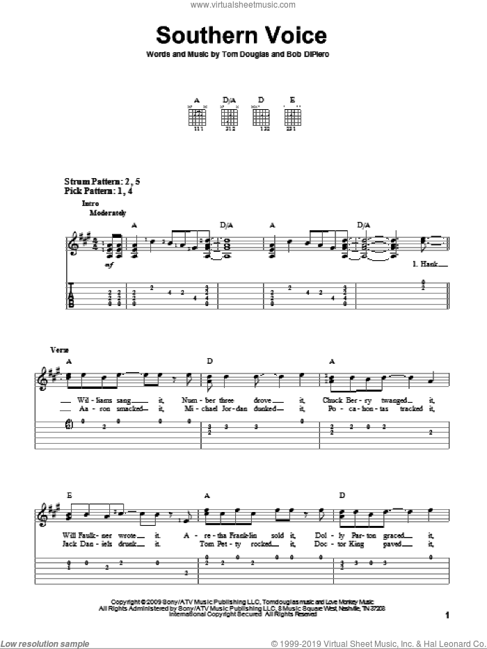 Southern Voice sheet music for guitar solo (easy tablature) by Tim McGraw, Bob DiPiero and Tom Douglas, easy guitar (easy tablature)