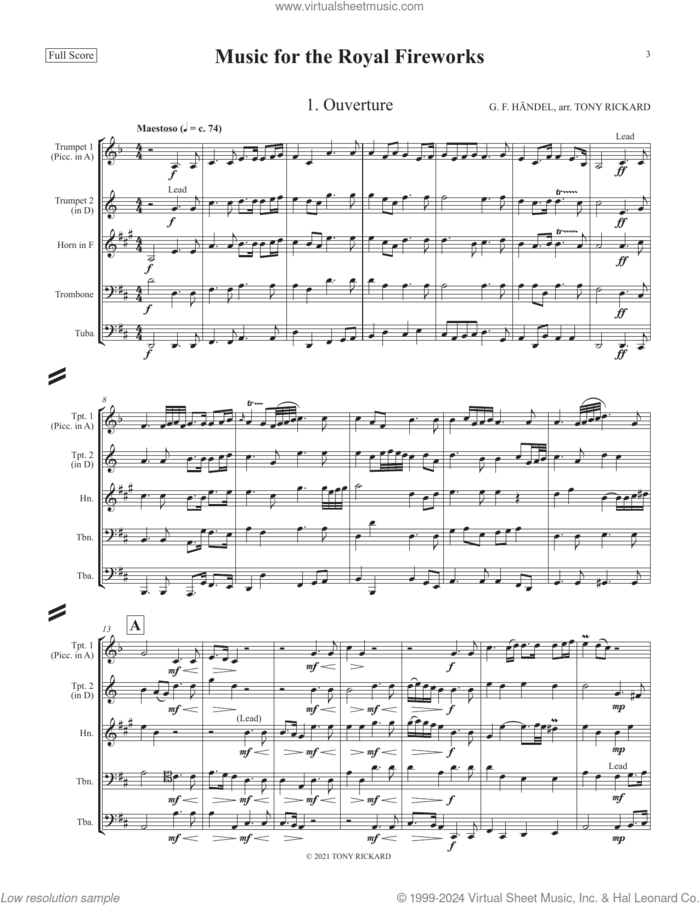 Music for the Royal Fireworks (COMPLETE) sheet music for brass quintet by Canadian Brass, George Frideric Handel and Tony Rickard, classical score, intermediate skill level