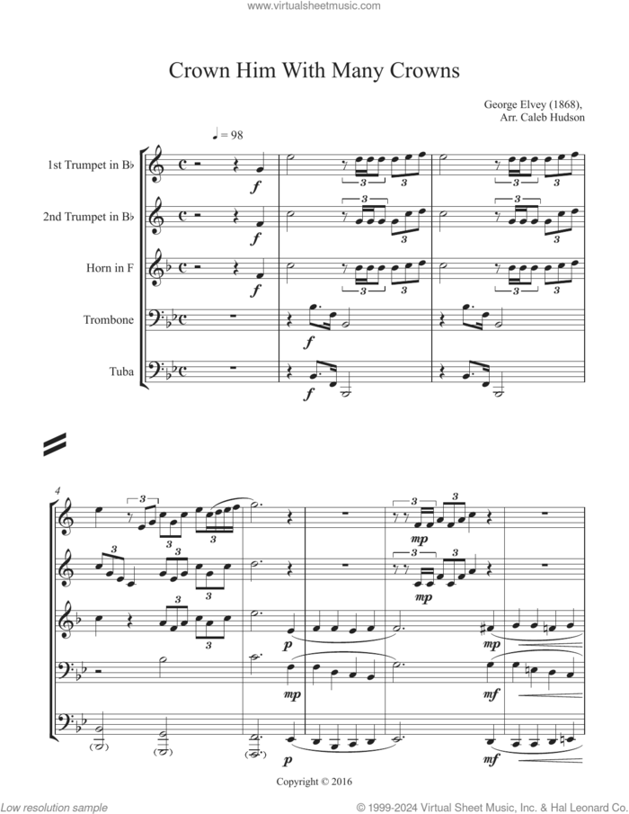 Crown Him With Many Crowns (COMPLETE) sheet music for brass quintet by Canadian Brass, Caleb Hudson and George Elvey, intermediate skill level