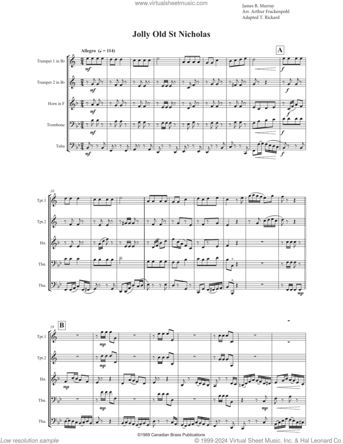 Jolly Old St. Nicholas (COMPLETE) sheet music for brass quintet by Canadian Brass, Arthur Frackenpohl and James R. Murray, intermediate skill level