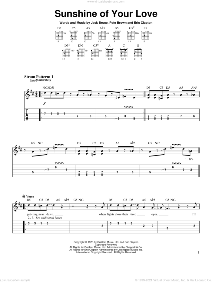 Sunshine Of Your Love sheet music for guitar solo (easy tablature) by Cream, Eric Clapton, Jack Bruce and Pete Brown, easy guitar (easy tablature)