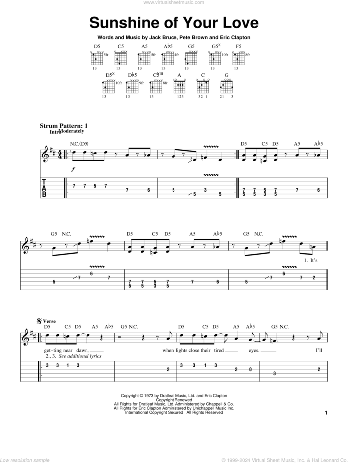 Sunshine Of Your Love sheet music for guitar solo (easy tablature) by Cream, Eric Clapton, Jack Bruce and Pete Brown, easy guitar (easy tablature)