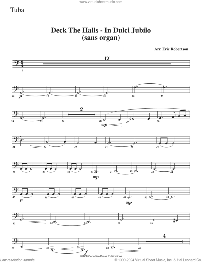 Deck the Halls, in dulci jubilo sheet music for brass ensemble (tuba) by Canadian Brass, Eric Robertson and Miscellaneous, intermediate skill level