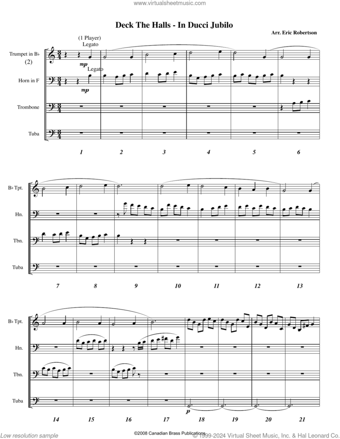 Deck the Halls, in dulci jubilo sheet music for brass ensemble (full score) by Canadian Brass, Eric Robertson and Miscellaneous, intermediate skill level