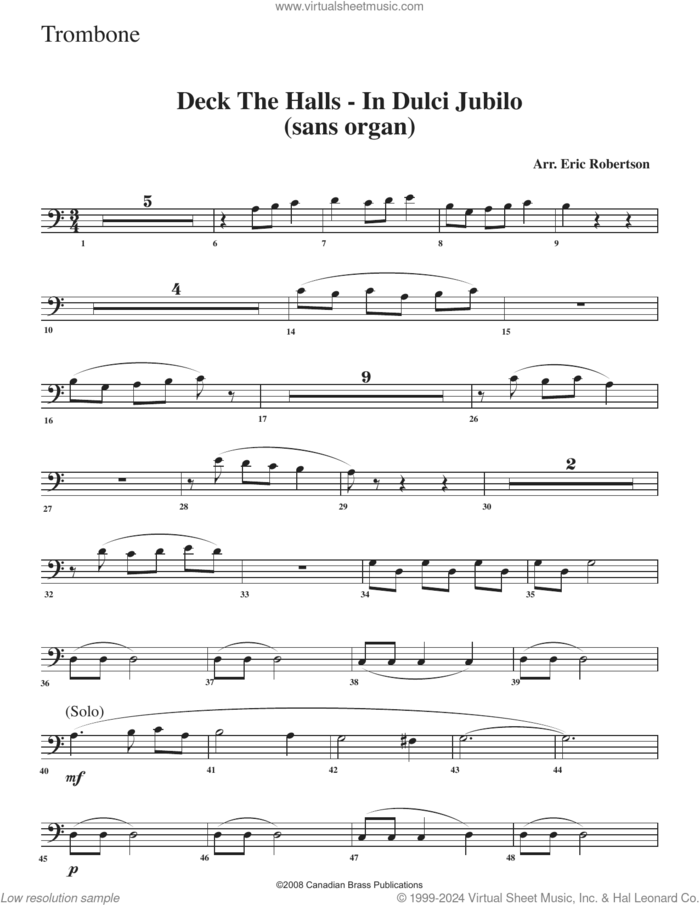 Deck the Halls, in dulci jubilo sheet music for brass ensemble (trombone) by Canadian Brass, Eric Robertson and Miscellaneous, intermediate skill level