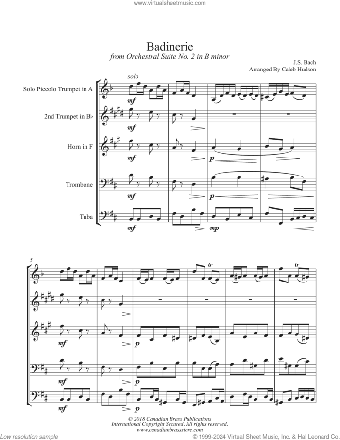 Badinerie (from Orchestral Suite No. 2 in B Minor) (COMPLETE) sheet music for brass quintet by Canadian Brass, Caleb Hudson and Johann Sebastian Bach, classical score, intermediate skill level