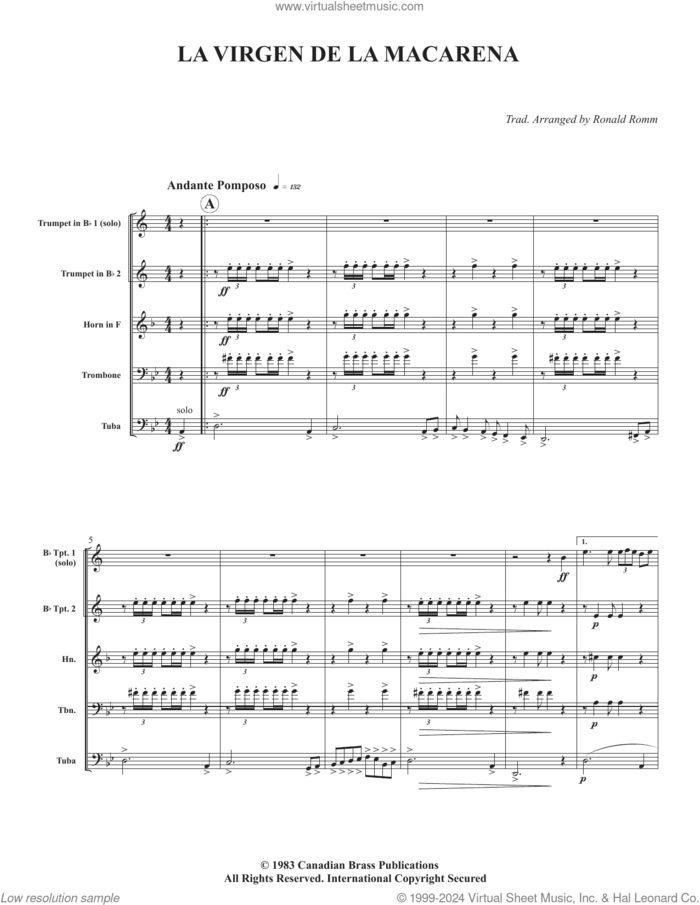 La Virgen De La Macarena (COMPLETE) sheet music for brass quintet by Canadian Brass, Miscellaneous and Ronald Romm, classical score, intermediate skill level