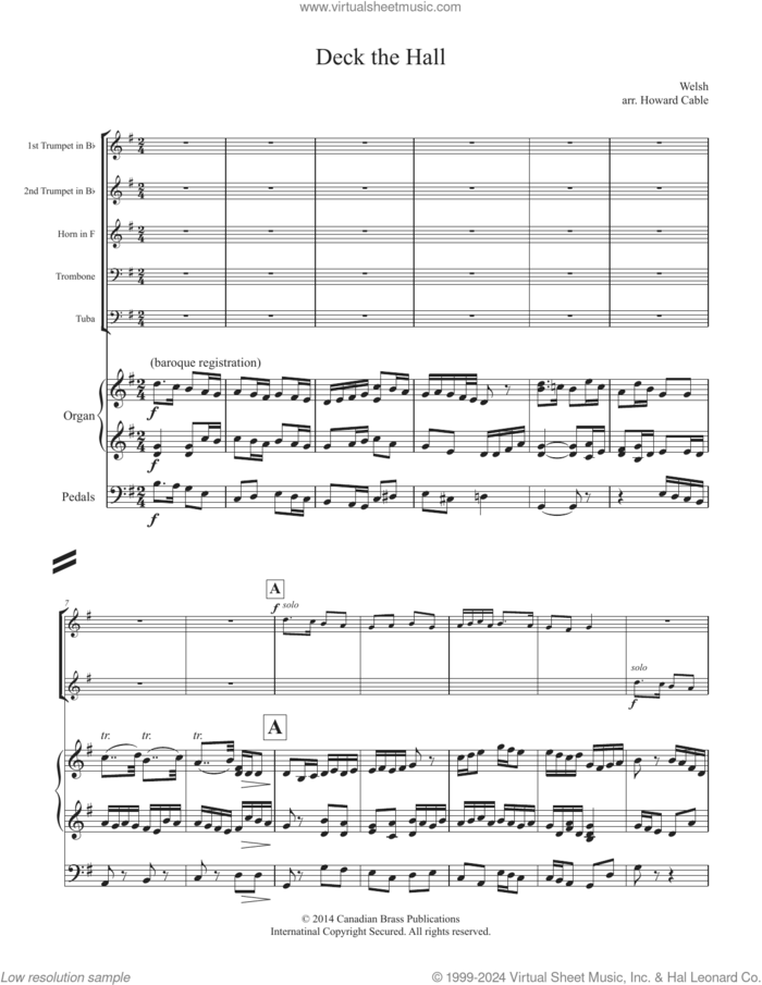 Deck the Hall (with Organ) (COMPLETE) sheet music for brass quintet by Canadian Brass, Howard Cable and Miscellaneous, intermediate skill level