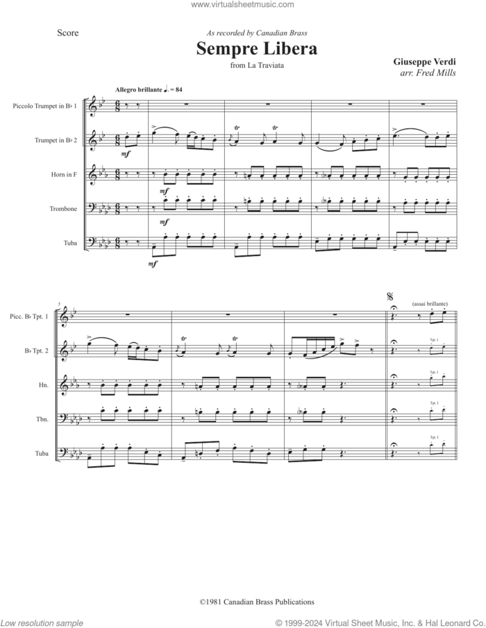 Sempre Libera (COMPLETE) sheet music for brass ensemble by Canadian Brass, Gary Kulesha and Giuseppe Verdi, classical score, intermediate skill level