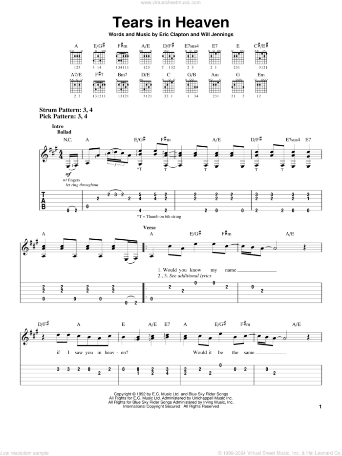 Tears In Heaven sheet music for guitar solo (easy tablature) by Eric Clapton and Will Jennings, easy guitar (easy tablature)