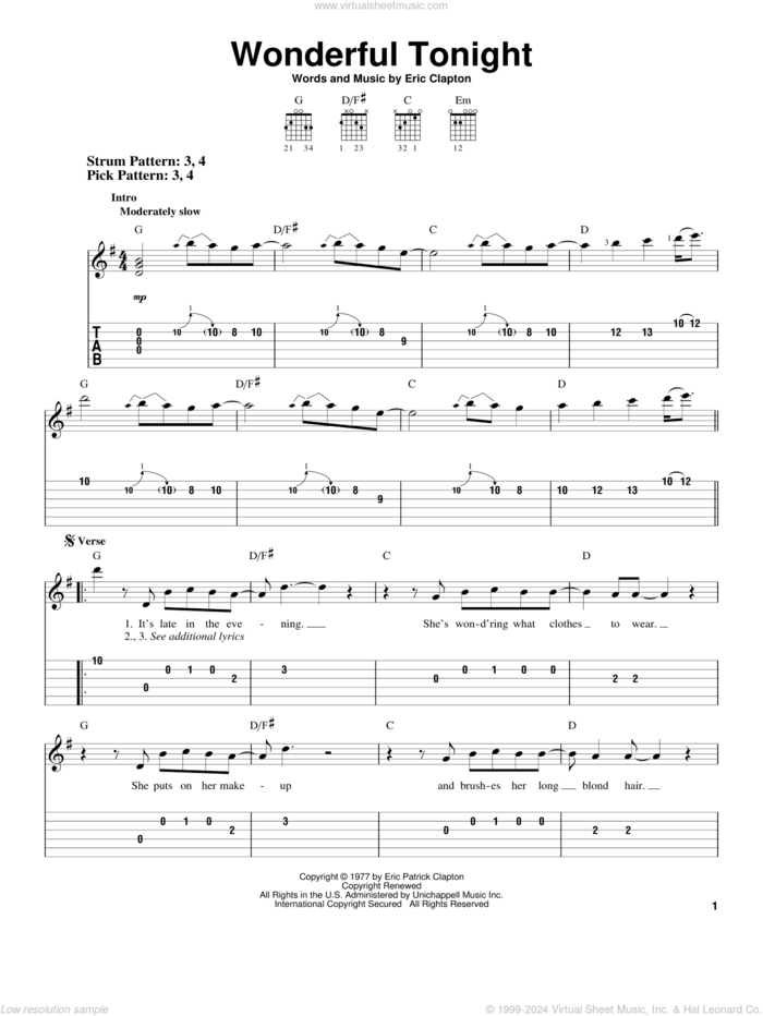 Wonderful Tonight sheet music for guitar solo (easy tablature) by Eric Clapton and David Kersh, wedding score, easy guitar (easy tablature)