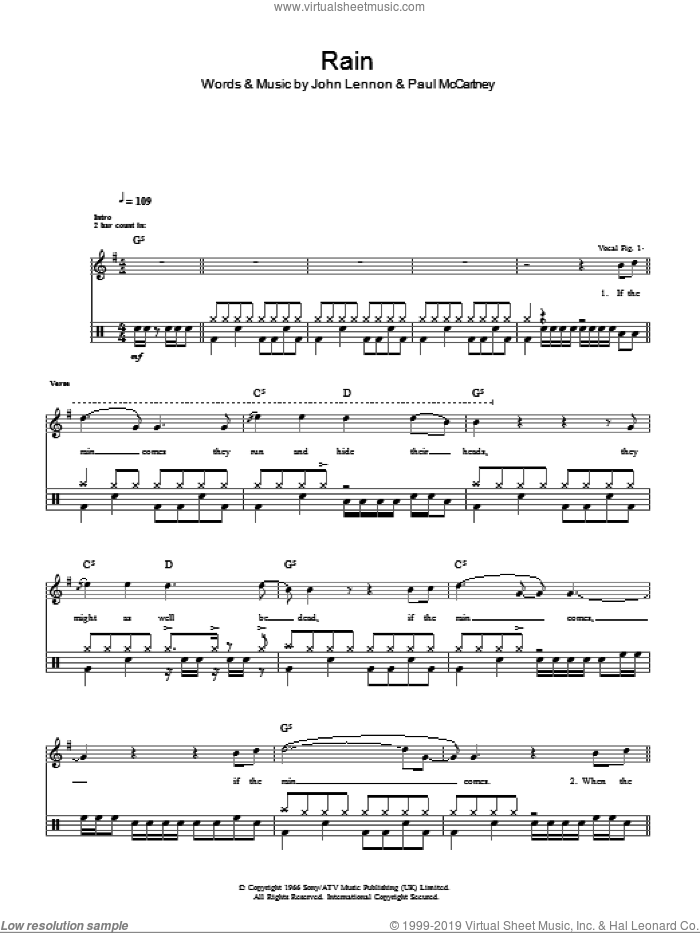 Rain sheet music for voice and other instruments (fake book) by The Beatles, John Lennon and Paul McCartney, intermediate skill level
